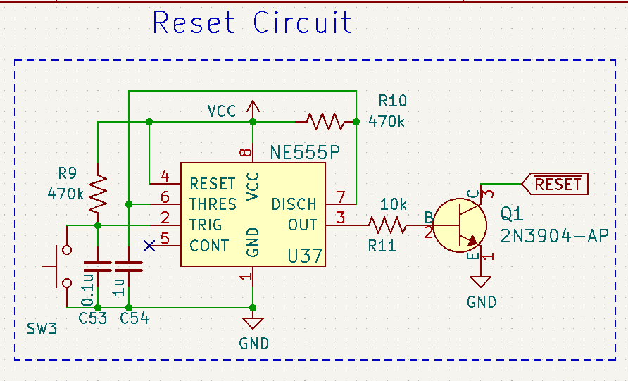 chartreuse's reset circuit. It features an NE555P and a 2n3904 driving the reset line